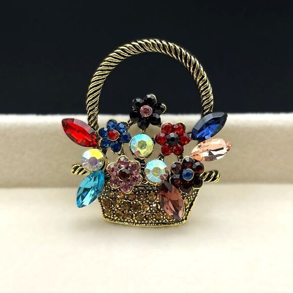 Yellow Gold with Multicolored Crystal Flower Basket Pin Back Brooch - Picture 3 of 7